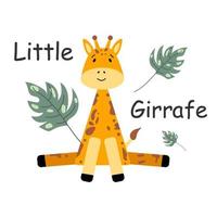 süß Vektor Giraffe. Karikatur Giraffe, Palme Blätter, Beschriftung. charmant afrikanisch Tier isoliert auf Weiß Hintergrund. drucken Design auf Kinder- T-Shirt. Postkarte Design im eben Stil. Kinder- Thema.