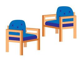 skön vektor stolar. trä- stolar med blå prydnadskudde. trädgård och Hem möbel. interiör design. eleganta och bekväm stolar. möbel för slappa. vit isolerat bakgrund.