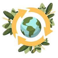 Recycling Pfeile und ein Kranz von Blätter um das Planet Erde. vektor