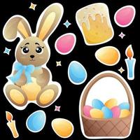 groß Ostern Aufkleber einstellen mit braun Hase mit Blau Bogen, Korbweide Korb mit bunt Eier, Ostern Kuchen, Kerzen und Sterne auf schwarz Hintergrund. glücklich Ostern Aufkleber zum drucken mit süß Karikatur Hase vektor