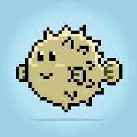 Puffer Fisch im Pixel Kunst. Tiere zum Spiel Vermögenswerte im Vektor Illustration.