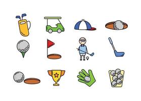 Golf Symbole Satz. Golf Ball auf ein Stand. ein Golfspieler mit ein Stock in der Nähe von das Ball auf ein Stand. Deckel. Golf Ball in der Nähe von das Loch vektor