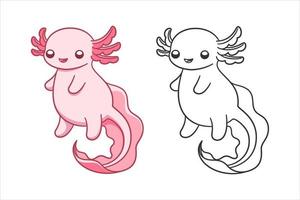 glücklich Axolotl Karikatur farbig und Linie Kunst Vektor Illustration Satz. süß unter Wasser Wasser- Tier Design. einfach einfach Färbung Buch Seite Aktivität zum Kinder.