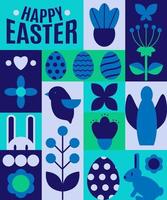 glücklich Ostern. geometrisch abstrakt Stil. Ostern Eier, Kaninchen., Blumen, Vogel, Engel. Blau Farben vektor