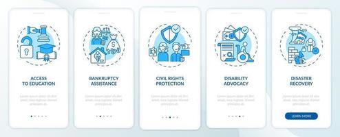 Rechtsberatungstypen Onboarding Mobile App-Seitenbildschirm mit Konzepten vektor