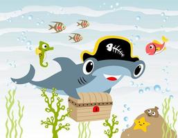 hammarhaj haj tecknad serie med pirat hatt bärande skatt bröst, marin liv element illustration vektor