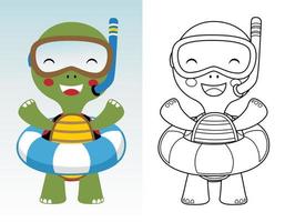 färg bok eller sida av söt sköldpadda tecknad serie med dykning glasögon och livboj vektor