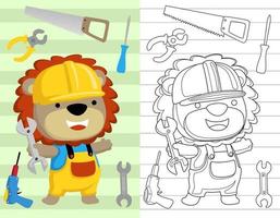 färg bok eller sida av söt lejon tecknad serie i byggare kostym med byggare verktyg vektor