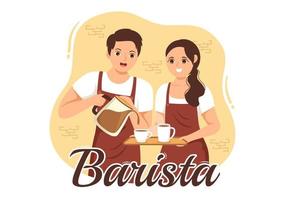 Barista Illustration mit tragen Stehen Schürze Herstellung Kaffee zum Kunde im eben Karikatur Hand gezeichnet Landung Seite oder Netz Banner Vorlage vektor