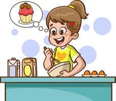 Mädchen Herstellung Kuchen im das Küche Karikatur Vektor