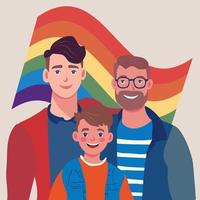 manlig Gay par anta bebis. två Lycklig ung män och barn platt vektor illustration. HBTQ familj, föräldraskap, barn vård begrepp