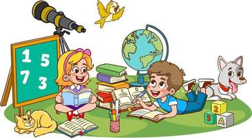 Kinder lernen von Bücher. Junge und Mädchen lesen Fee Erzählungen zusammen. bunt Karikatur Figuren. komisch Vektor Illustration. isoliert auf Weiß Hintergrund