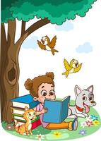 Kinder lernen von Bücher. Junge und Mädchen lesen Fee Erzählungen zusammen. bunt Karikatur Figuren. komisch Vektor Illustration. isoliert auf Weiß Hintergrund
