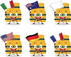 Leben Weste Karikatur Charakter bringen das Flaggen von verschiedene Länder vektor