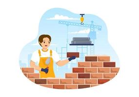 murare arbetstagare illustration med människor konstruktion och om tegelstenar för byggnad en vägg i platt tecknad serie hand dragen landning sida mallar vektor