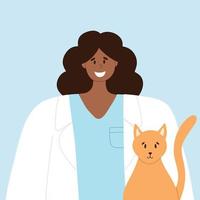 Lycklig veterinär med Lycklig katt djur- vård vektor illustration. platt stil. afrikansk flicka veterinär läkare. värld veterinär dag.