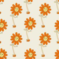 hippie sömlös mönster med leende ljus orange daisy blommor. retro 70s vektor illustration. häftig tecknad serie stil.