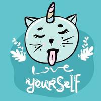 Katzenmais. schön Karikatur Katze Einhorn Gesicht und Beschriftung Text auf Weiß Hintergrund. süß Vektor zum Kleidung drucken und Kinder T-Shirt zum Mädchen