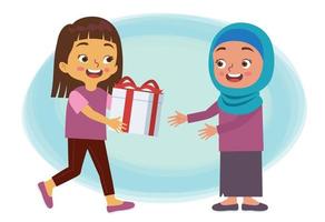 ein Mädchen gibt oder Übergabe ein Geschenk zu Muslim Mädchen Wer tragen das Kopftuch. vektor