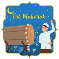 Vektor Illustration von das Muslim Junge Schlagen das Trommel. eid Mubarak