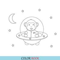 färg sida översikt apa ridning en tecknad serie flygande fat med utomjording. Plats. färg bok för barn. vektor