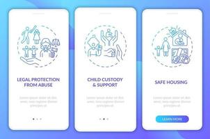 Überlebende häuslicher Gewalt unterstützen das Onboarding des Bildschirms der mobilen App mit Konzepten vektor