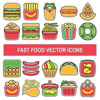 Fast-Food-Vektor-Ikonen im gefüllten Entwurfsentwurfsstil. vektor