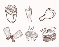 mat , drycker kyckling och köttyxa, burger vektor översikt design illustration