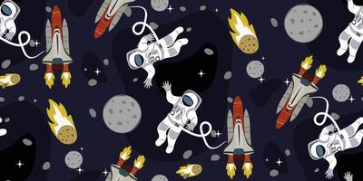 ein Muster mit ein Astronaut im Raum. Kosmonaut, Rakete, Sonne, Erde, Sterne, Felsen, Asteroiden, Mond, Satellit. Hintergrund zum Drucken auf Textilien und Papier. Geschenk Verpackung, Bett Leinen. Kinder- vektor