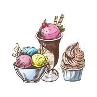ein handgemalt farbig skizzieren von Eis Sahne Bälle im ein Tasse, erstarrte Joghurt. Jahrgang Illustration. Element zum das Design von Etiketten, Verpackung und Postkarten. vektor