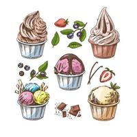 en ritad för hand färgad skiss av is grädde bollar, frysta yoghurt eller muffins i koppar. blåbär, jordgubbar, vanilj skida, choklad. uppsättning. årgång illustration. vektor