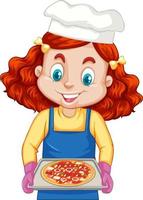 kock flicka seriefigur innehar pizzafack vektor
