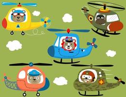 vektor uppsättning av helikopter tecknad serie med djur pilot