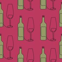 sömlös mönster. vektor illustration av en vin flaska och en glas. teckning i ett linje