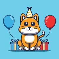 söt katt fira födelsedag med hatt, gåva och födelsedag ballonger tecknad serie vektor illustration.