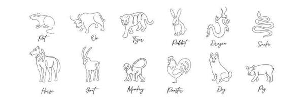 kinesisk zodiaken symboler tecken horoskop uppsättning i linje konst stil isolerat på vit vektor