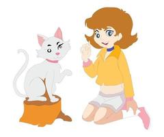 ein Mädchen ist klatschen mit ihr süß Katze. Vektor Illustration zum Kinder