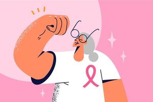 leende äldre kvinna med rosa band på bröst betagen cancer. Lycklig mogna mormor överleva onkologi. sjukvård. vektor illustration.