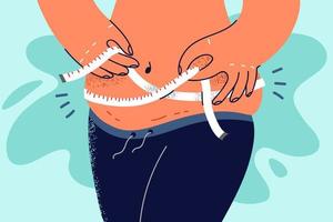 Nahansicht von Übergewicht Frau messen Taille mit Band. Fett weiblich verwenden Messung Zentimeter machen Körper Messungen Vor Diät. wight Verlust. Vektor Illustration.