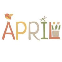 vektor text april med blommor och fågel