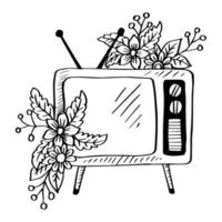 Jahrgang Fernsehen Hand Zeichnung mit Blumen- Ornament vektor