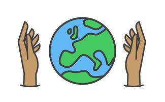 hand innehav planet jorden, linjär vektor ikon. spara de planet. jord dag symbol. värld miljö bevarande.