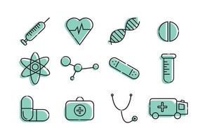 Medizin Symbole Satz. Elemente im das einstellen Tablette, DNA, Spritze, Kapsel, Herz, medizinisch Koffer, Stethoskop, Krankenwagen, Krankenwagen, Prüfung Rohr. vektor
