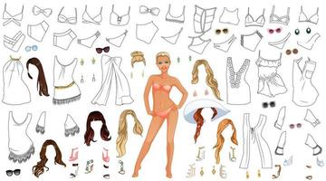 Sommer- Schwimmbad schick Färbung Seite Papier Puppe mit süß Karikatur Charakter, Outfits, Frisuren und Zubehör. Vektor Illustration