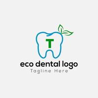 Öko Dental Logo auf Brief t Vorlage. Öko Dental auf t Brief, Initiale Öko Zahn, Zähne Zeichen Konzept vektor