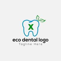 Öko Dental Logo auf Brief x Vorlage. Öko Dental auf x Brief, Initiale Öko Zahn, Zähne Zeichen Konzept vektor