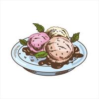 ein handgemalt farbig skizzieren von ein Eis Sahne Bälle im ein Teller mit Schokolade Soße. Jahrgang Illustration. Element zum das Design von Etiketten, Verpackung und Postkarten. vektor