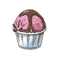 ein handgemalt farbig skizzieren von ein Eis Creme, Cupcake mit Schokolade Soße im ein Tasse. Jahrgang Illustration. Element zum das Design von Etiketten, Verpackung und Postkarten. vektor