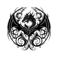 svart drake med öppen vingar. dekorativ vektor illustration för tatuering, emblem, tecken, maskot, pyrografi, broderi. isolerat på vit bakgrund.