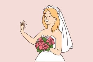 lächelnd jung Frau im Braut- Kleid und Strauß winken Hand Sprichwort Hallo. glücklich Braut genießen Hochzeit Zeremonie. Ehe und Engagement. Vektor Illustration.